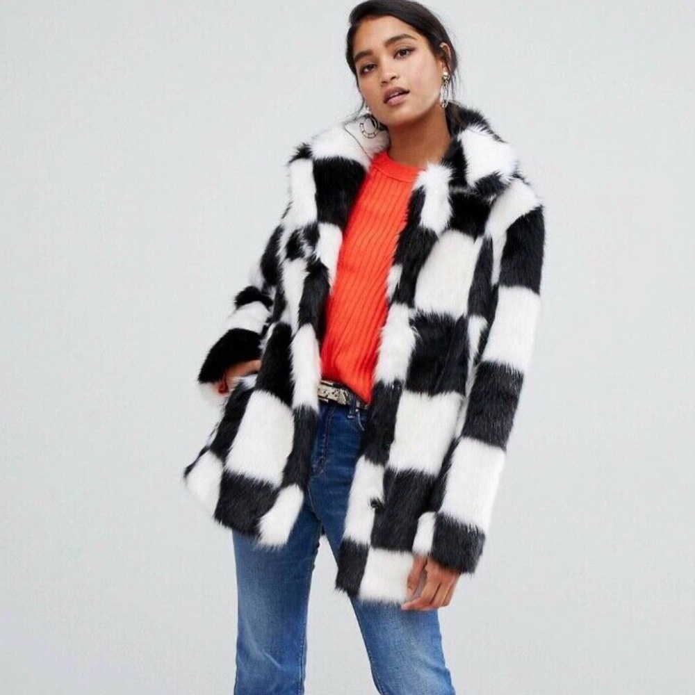 ASOS Design Checkerboard Faux Fur Coat US14/UK18 NWOT